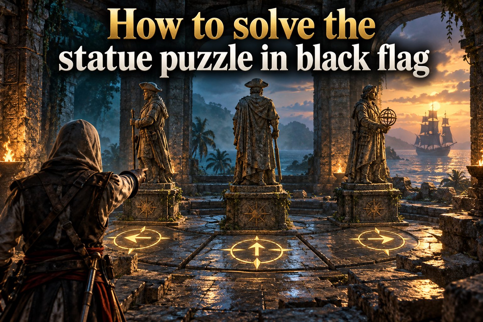 how-to-solve-the-statue-puzzle-in-black-flag-e3017 Assassin’s Creed IV Black Flag statue puzzle with rotating symbols in a jungle ruin